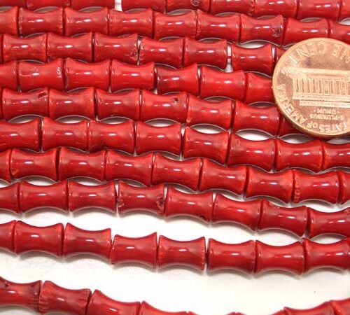 Red 5X8mm Genuine Coral in Bamboo Shape on Temporary Strand