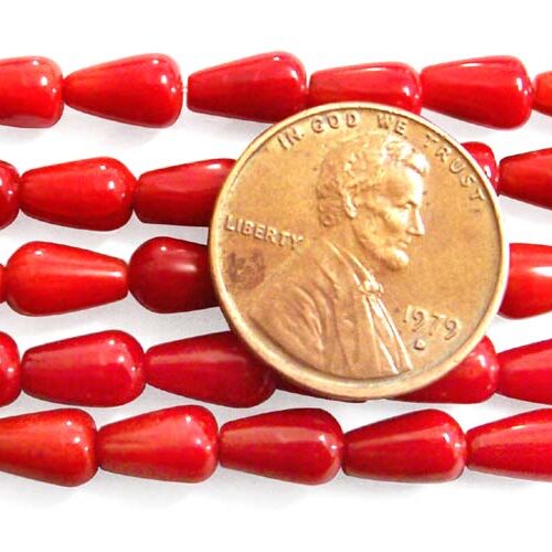 Red 5x8mm Length Drilled Coral in Teardrop Shape on Temporary Strand