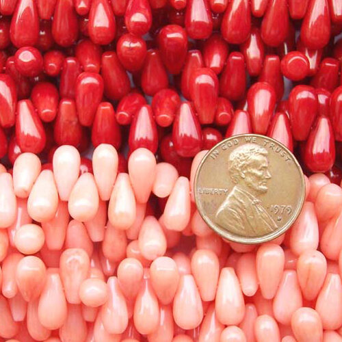 Red and Pink 5x9mm Top Drilled Coral in Drop Shape on Temporary Strand