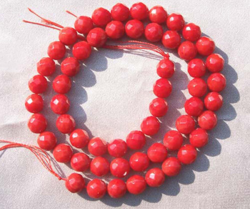 6mm Faceted Round Red Coral Beads on Temporary Strand