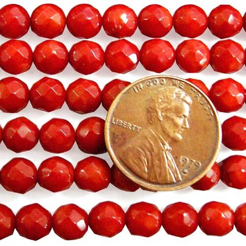 Red 6mm Faceted Round Coral Beads on Temporary Strand