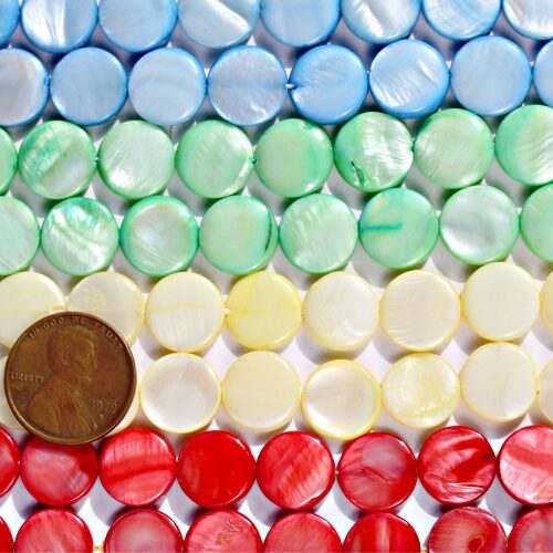 Baby Blue, Light Green, Light Yellow and Soft Red 11.5mm Round Mother of Pearl Beads Strands
