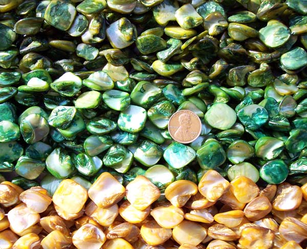 Olive Green, Dark Green and Dark Golden Rod Irregular Mother of Pearl on Temporary Strands