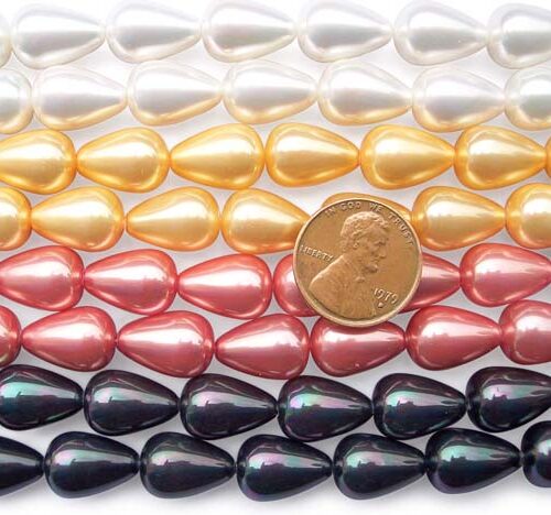 White, Gold, Rose Pink and Peacock Black 10x14mm Drop Shaped Southsea Shell Pearls on Temporary Strands