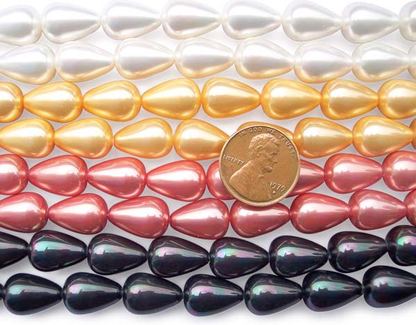 White, Gold, Rose Pink and Peacock Black 10x14mm Drop Shaped Southsea Shell Pearls on Temporary Strands