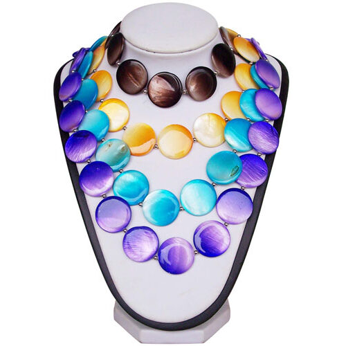 Brown, Gold, Blue and Purple 25mm Mother of Pearl Necklaces at 24in Long, Magnetic Clasp