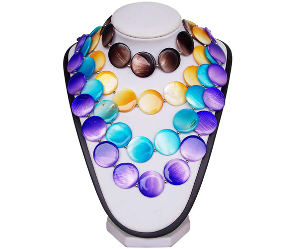 Brown, Gold, Blue and Purple 25mm Mother of Pearl Necklaces at 24in Long, Magnetic Clasp