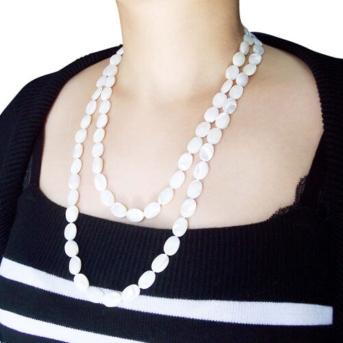 White 10X14mm Claspless Flat Oval Sea Shell Necklace, 48in