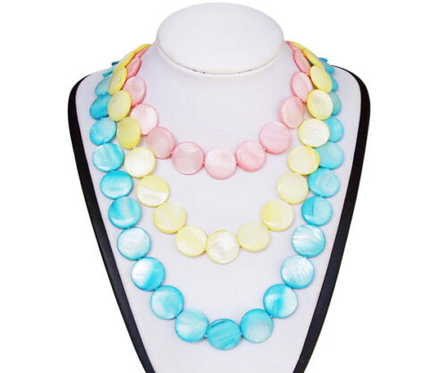 Baby Pink, Light Yellow and Baby Blue Claspless 18mm Mother of Pearl Necklaces 48in Long