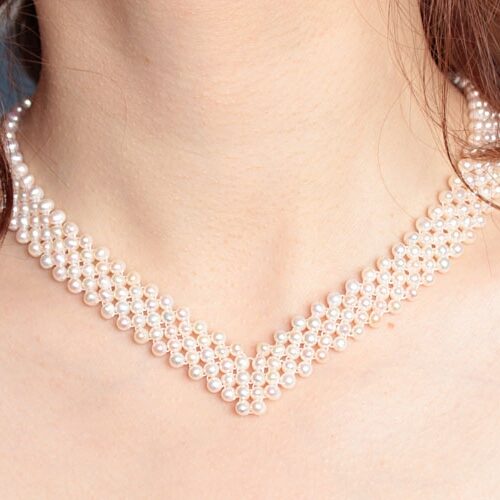 White 3.5-4.5mm 5 Rows Multi-strand Pearl Silver Choker