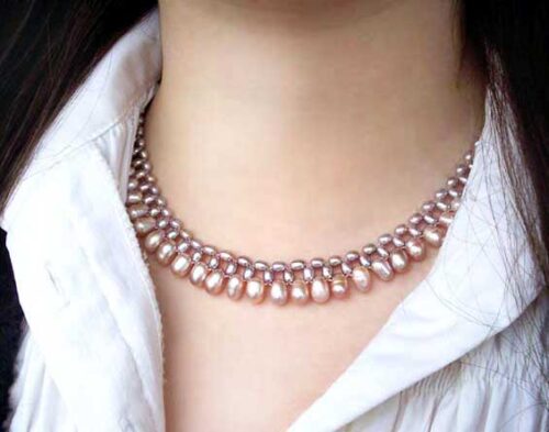 Mauve Triple Strands Bridal Pearl Necklace 18in Long, 925 Sterling Silver