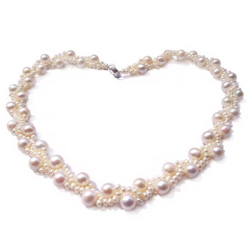 Pure White or White and Pink Natural Colored Pearl Necklaces, 925 Sterling Silver Clasp