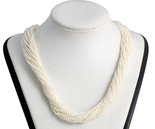 White 1-2mm 21 Rows Rice Pearl Choker in 925 SS