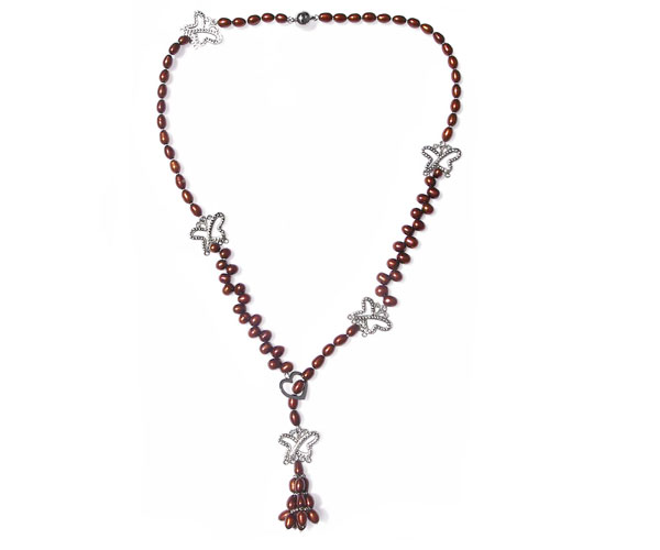 Chocolate 6-7mm Lariat Rice Pearl Necklace 25in Long, Claspless