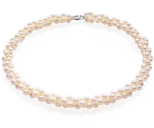 White 5-6mm 3-Row Rice Pearl Necklace, 925 SS