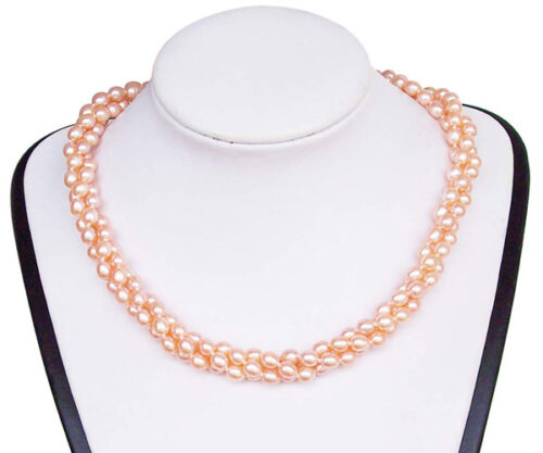 Pink 5-6mm 3-Row Rice Pearl Necklace, 925 SS
