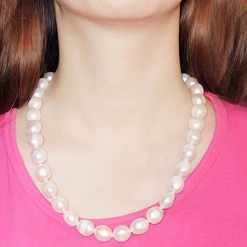White 13-14mm Baroque Pearl Necklace, 14K YG Clasp with Real Diamonds