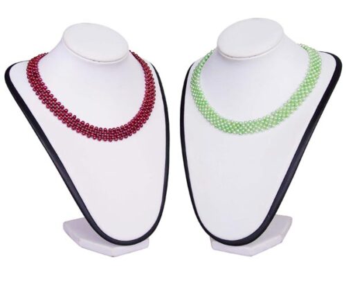 Cranberry and Light Green colored Multi-strand Pearl Necklace, 925 Silver