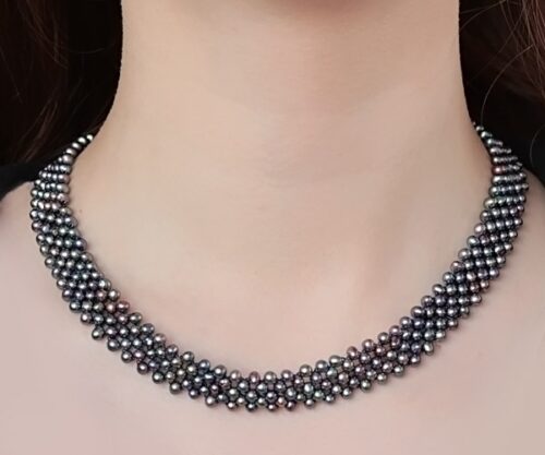 Black 3.5-4.5mm 5-row Multi-strand 5mm Pearl Necklace, 925 SS
