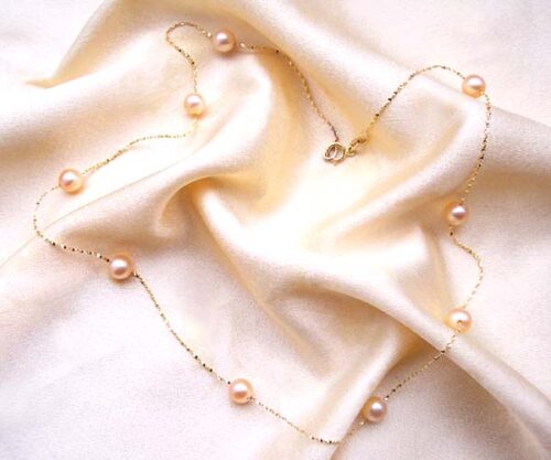 Pink 5-6mm Children's Pearl Jewelry, 14K YG Round Tin Cup Pearl Necklace