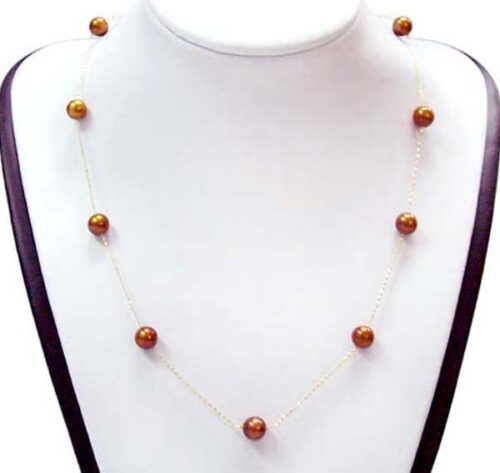 Chocolate 7-7.5mm 14K YG Round Tin Cup Pearl Necklace