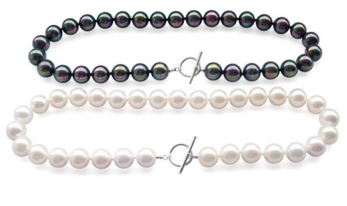Black and White 12mm SSS Pearl Necklace in 925 SS, w/ toggle clasp
