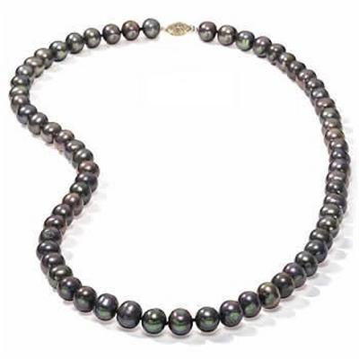 8-9mm AA Black Round Pearl Necklace 14K Gold Clasp