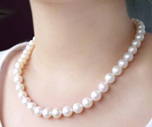 9-10mm AA+ White Round Pearl Necklace 14K Gold