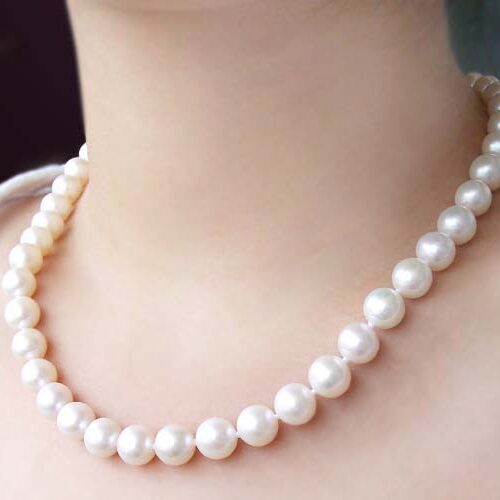 9-10mm AA+ White Round Pearl Necklace 14K Gold