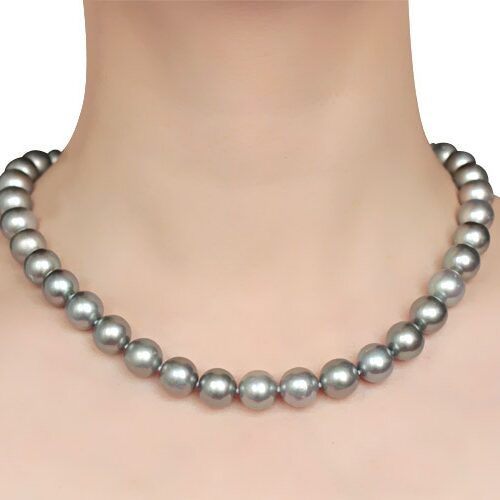 11-12mm AA+ Grey Round Pearl Necklace 14K Gold