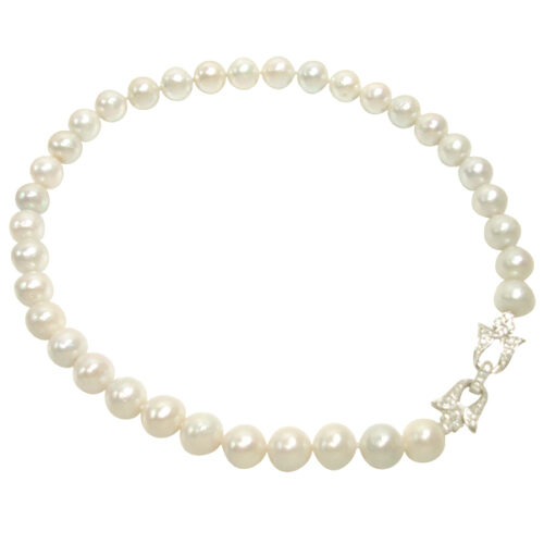 White Gorgeous 11-12mm Real Nucleated Round Pearl Necklace 925S Butterfly Clasp