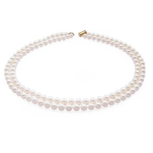 Double Strand 7-8mm AA+ Round Pearl Necklace in 14K Solid Gold