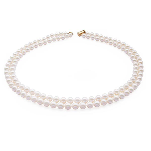 Double Strand 7-8mm AA+ Round Pearl Necklace in 14K Solid Gold