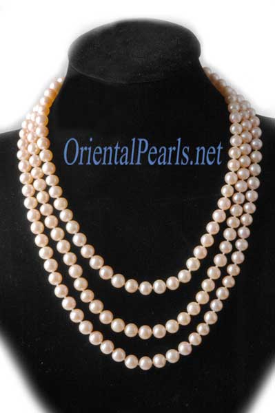 Three Rows Pink Pearl Necklace