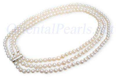 Three Strand White Pearl Necklace,925 Sterling silver clasp
