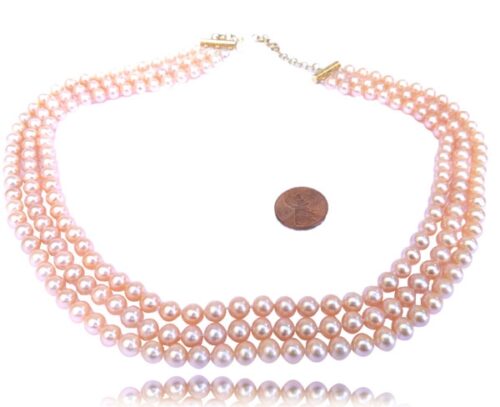 3 Row High Quality Pink Round Pearl Necklace Adjustable Length