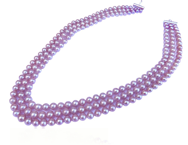 Mauve Colored 3 Strands Round Pearl Necklace
