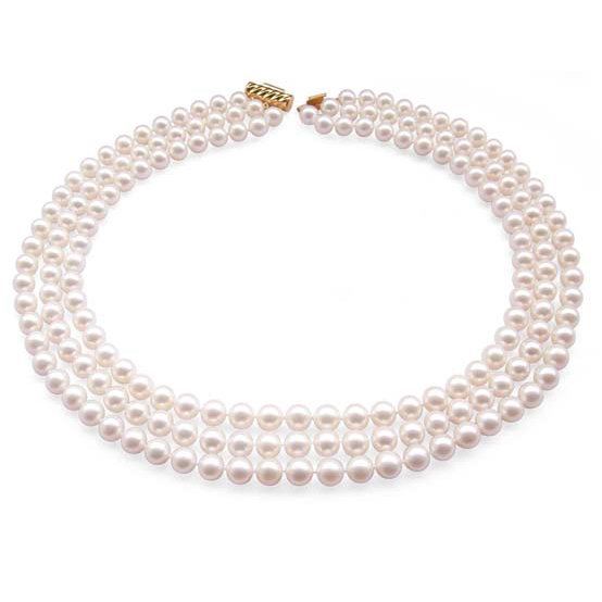 3-Row 7-8mm AAA Gem Quality White Round Pearl Necklace