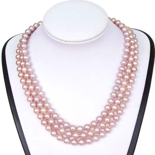 Mauve Colored 3-row pearl necklace 14k gold