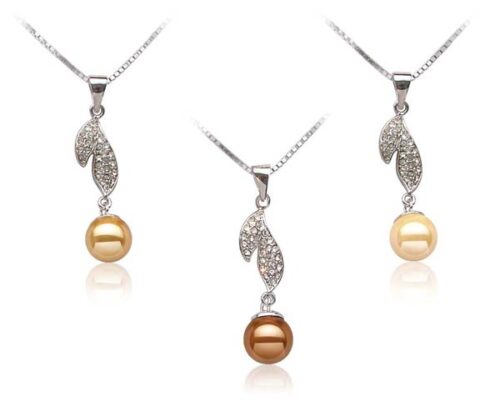 Champagne, Chocolate and Gold 10mm Southsea Shell Pearl Pendants, Free 16in Silver Chain