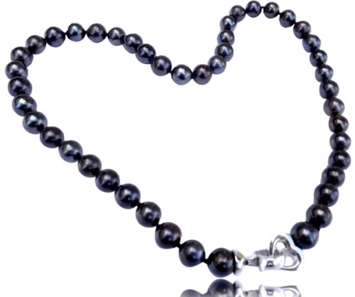 9-10mm Round Black Pearl Necklace, 925 Sterling Silver Heart Clasp