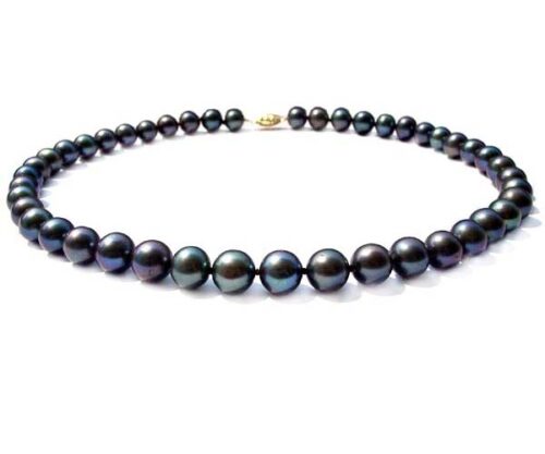 9-10mm AA Black round pearl necklace in 14k solid gold