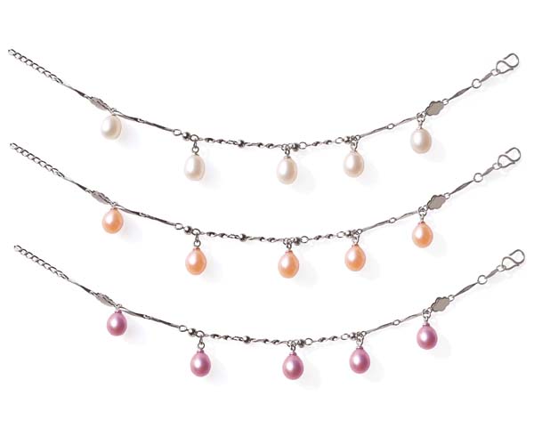 White, Pink and Mauve 5 Genuine Drop Pearls Bracelets in 925 Silver