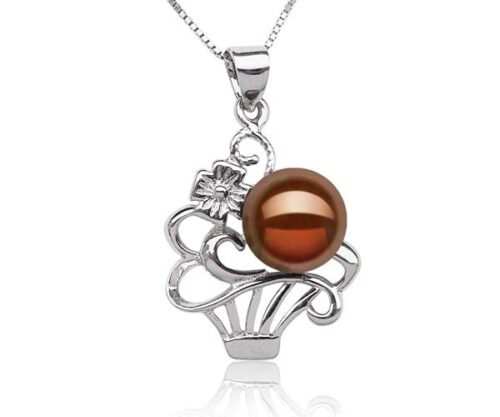 Chocolate Large 9-10mm Pearl Pendant in Flower Basket Design, FREE 16in Silver Chain