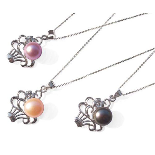 Large 9-10mm Pearl Pendant in Flower Basket Design FREE 16in Silver Chain