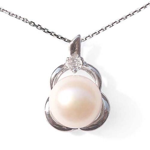 White 10mm Genuine Pearl Pendant in Calabash Design, 16in Silver Chain