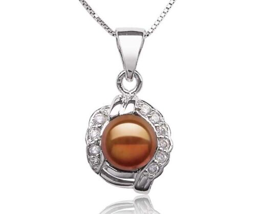 Chocolate 7mm Pearl Pendant with Tiny Cz Diamonds, 16in Silver Chain