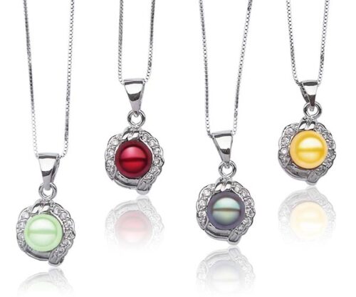 Light Green, Cranberry, Grey, and Gold 7mm Pearl Pendants with Tiny Cz Diamonds, 16in Silver Chain