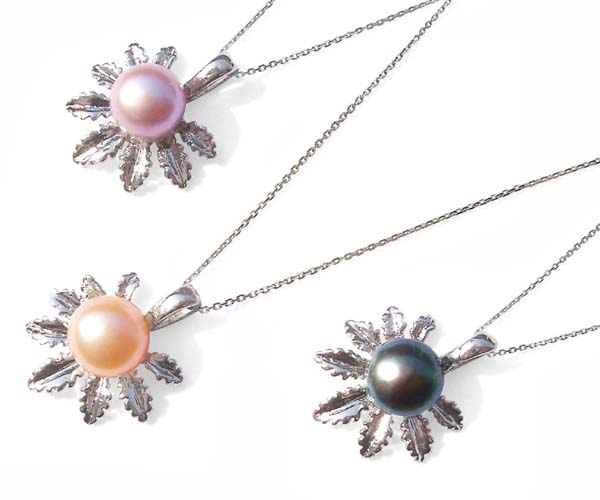 Mauve, Pink and Black 8mm Freshwater Pearl with Palm Leaf Designer Pendant, 16in Silver Chain