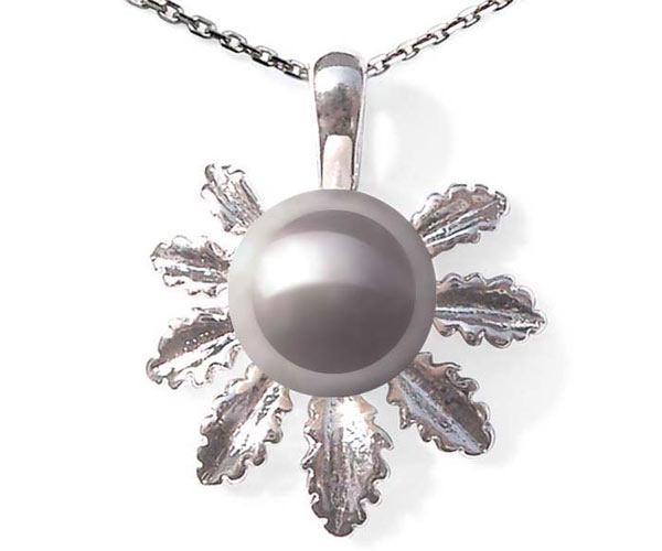 Grey 8mm Freshwater Pearl with Palm Leaf Designer Pendant, 16in Silver Chain